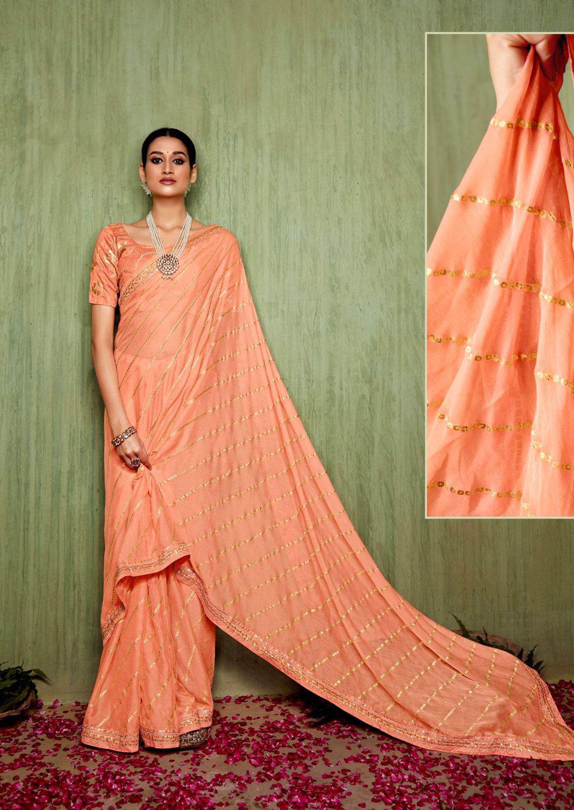 Pure Chiffon Foil Print And Embroidery Sequence Border Sarees