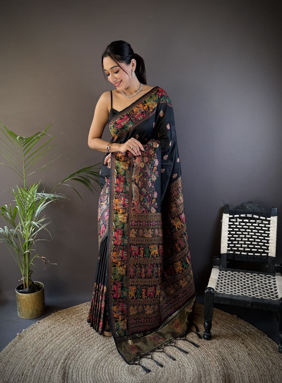 Black Pure Kashmiri Pashmina Silk Meena Weaved Saree