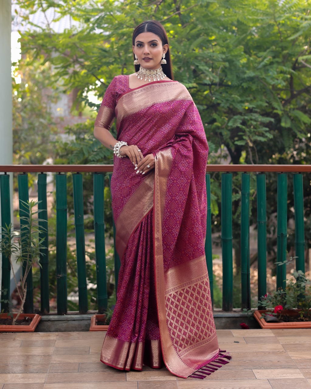 Purple Bandhej Patola Silk Rich Weaved Pallu Zari Border Saree