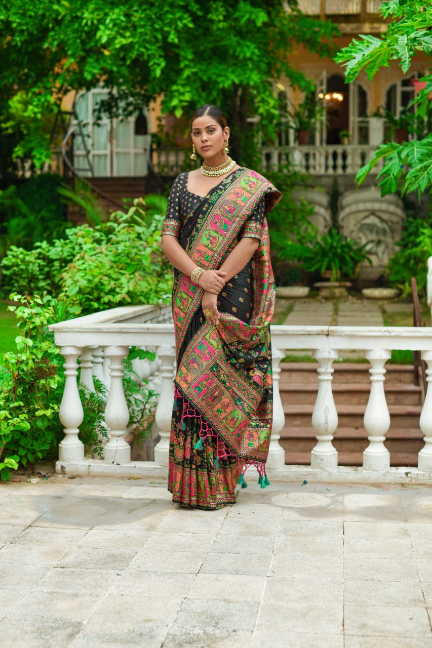 Banarasi Silk Patola All Over Printed Sarees With Tassels On Pallu