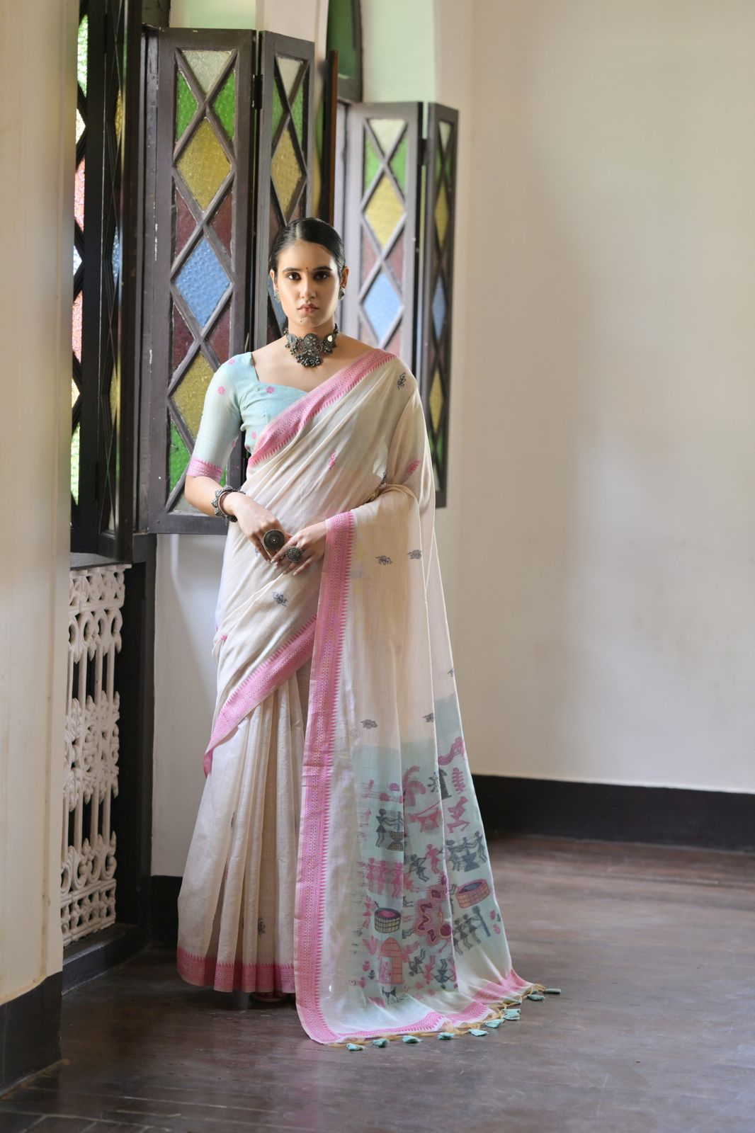 Beige Pure Muga Cotton Contrast Weaved Misty Sea Green Pallu Saree