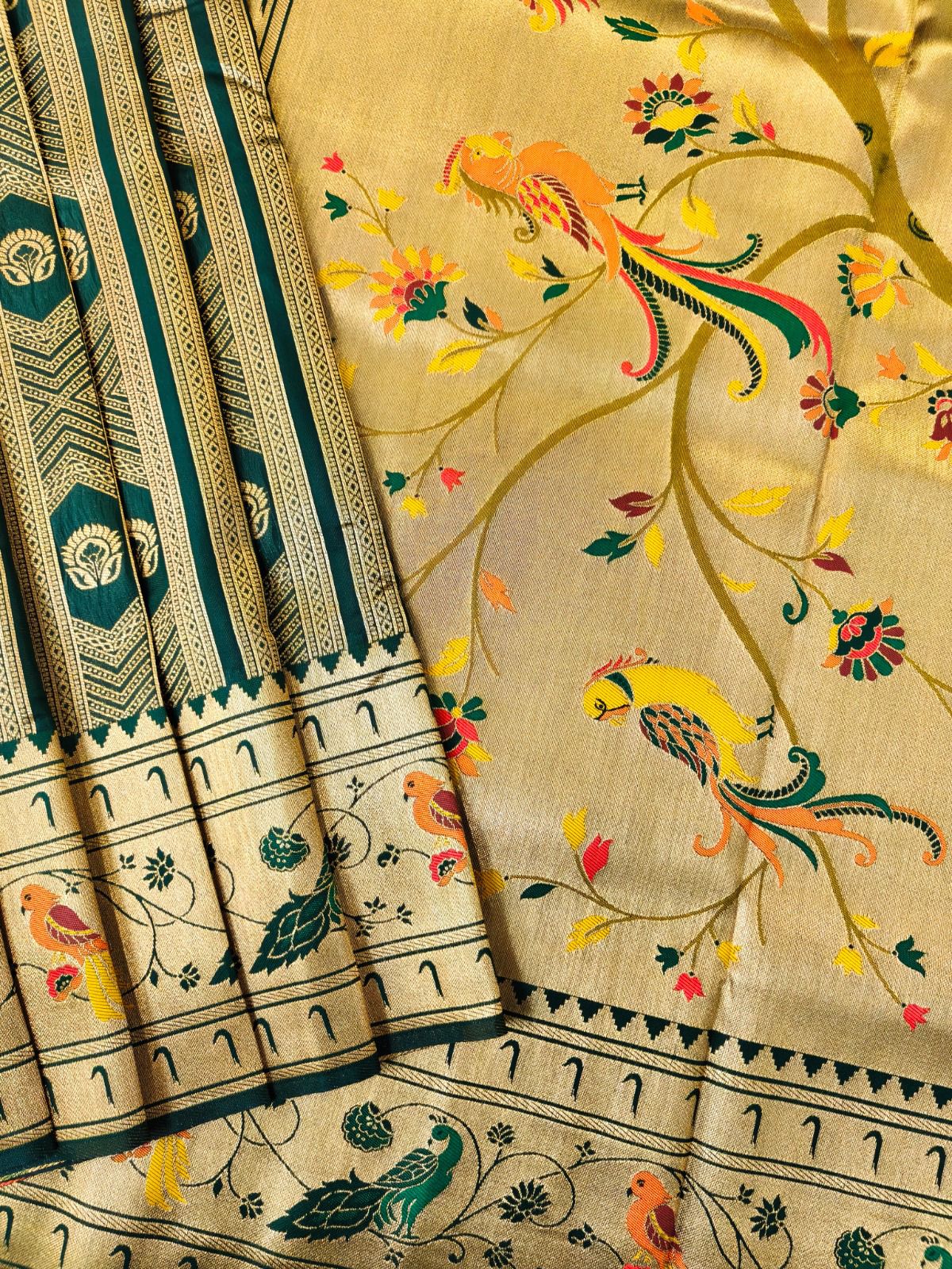 Bottle Green Premium Soft Paithani Silk Rich Zari Meena Weaved Saree