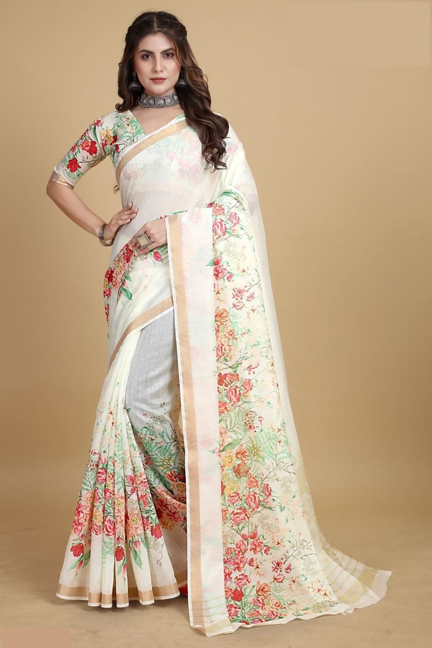 Pure Linen Digital Floral Printed With Tiny Zari Border Sarees