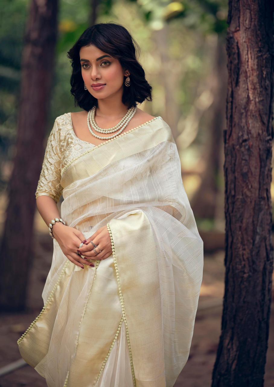 Pure Organza Silk All Over Zari Check Weaved With Satin Border Sarees