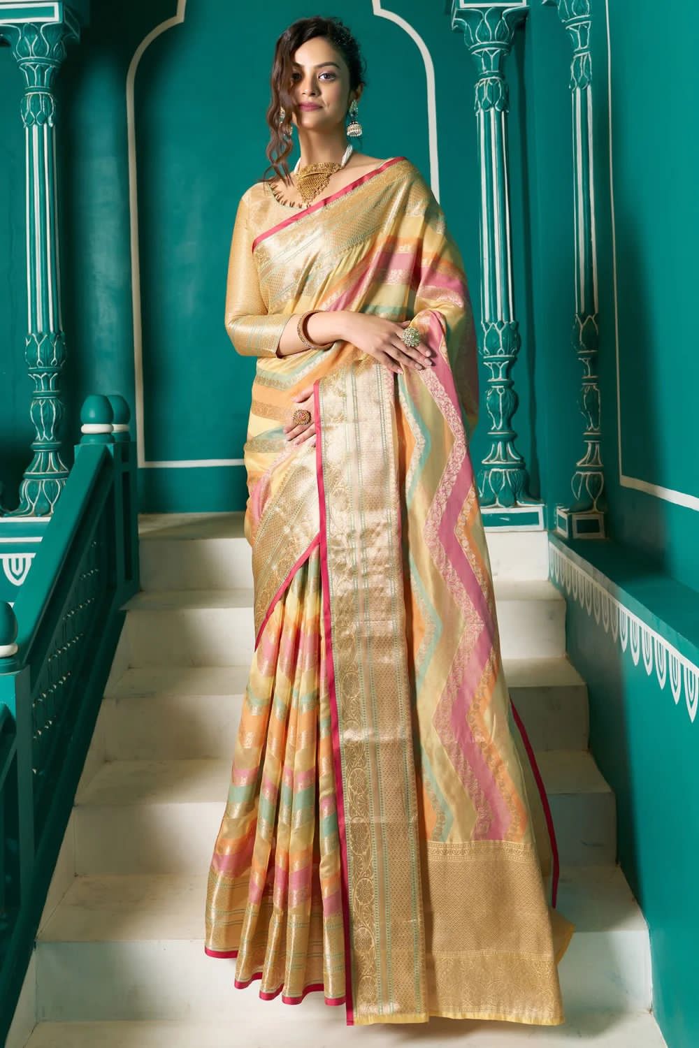 Pure Organza Silk Multi Color Lehariya Zari Weaved Pallu Saree