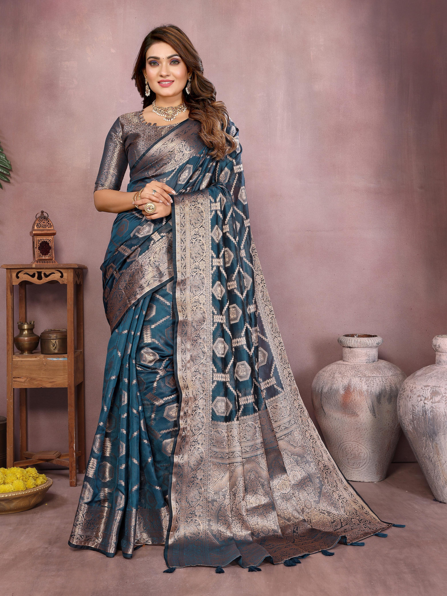 Teal Soft Organza Silk Rich Zari Weaved Body Pallu Border Saree