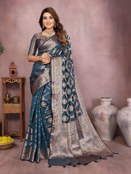 Image of Teal Soft Organza Silk Rich Zari Weaved Body Pallu Border Saree