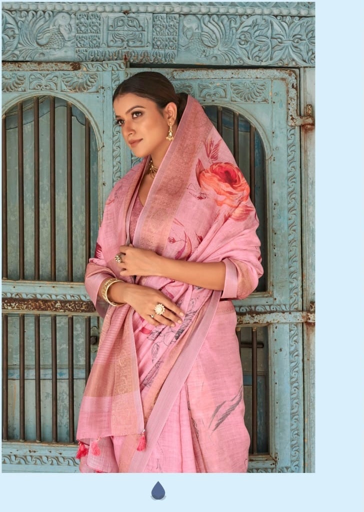 Linen Digital Printed Sarees With Zari Border And Rich Zari Pallu