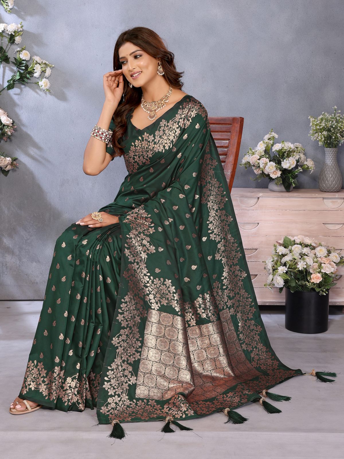 Dark Green Banarasi Silk Rich Zari Gala Weaved Saree