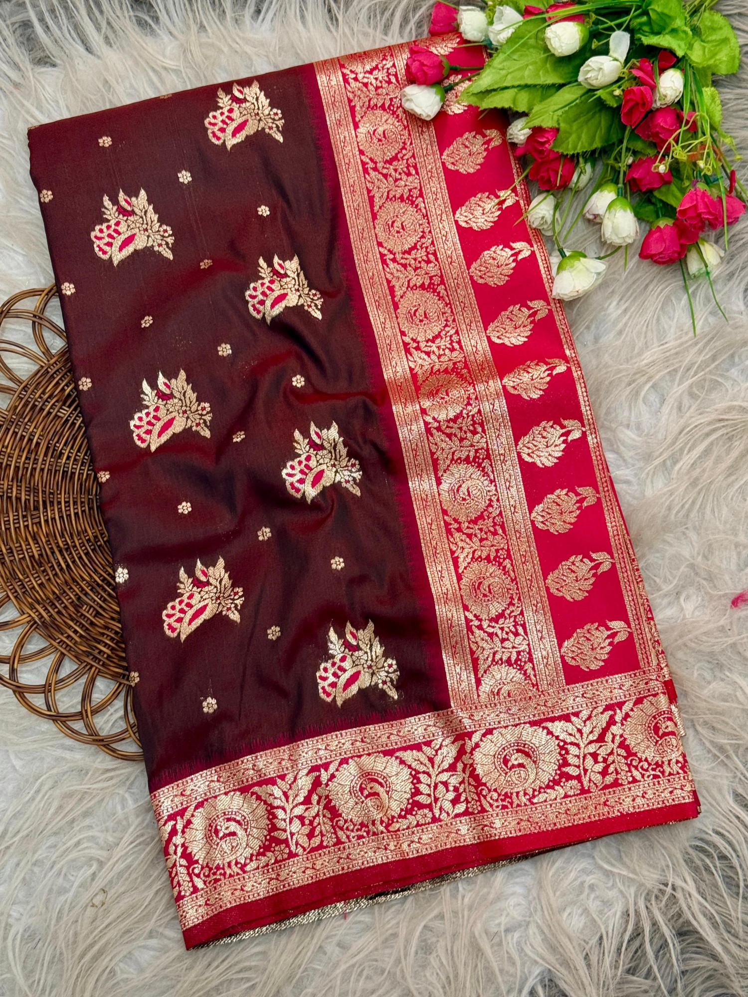 Wine Pure Banarasi Silk Rich Zari Weaved Floral Border Saree