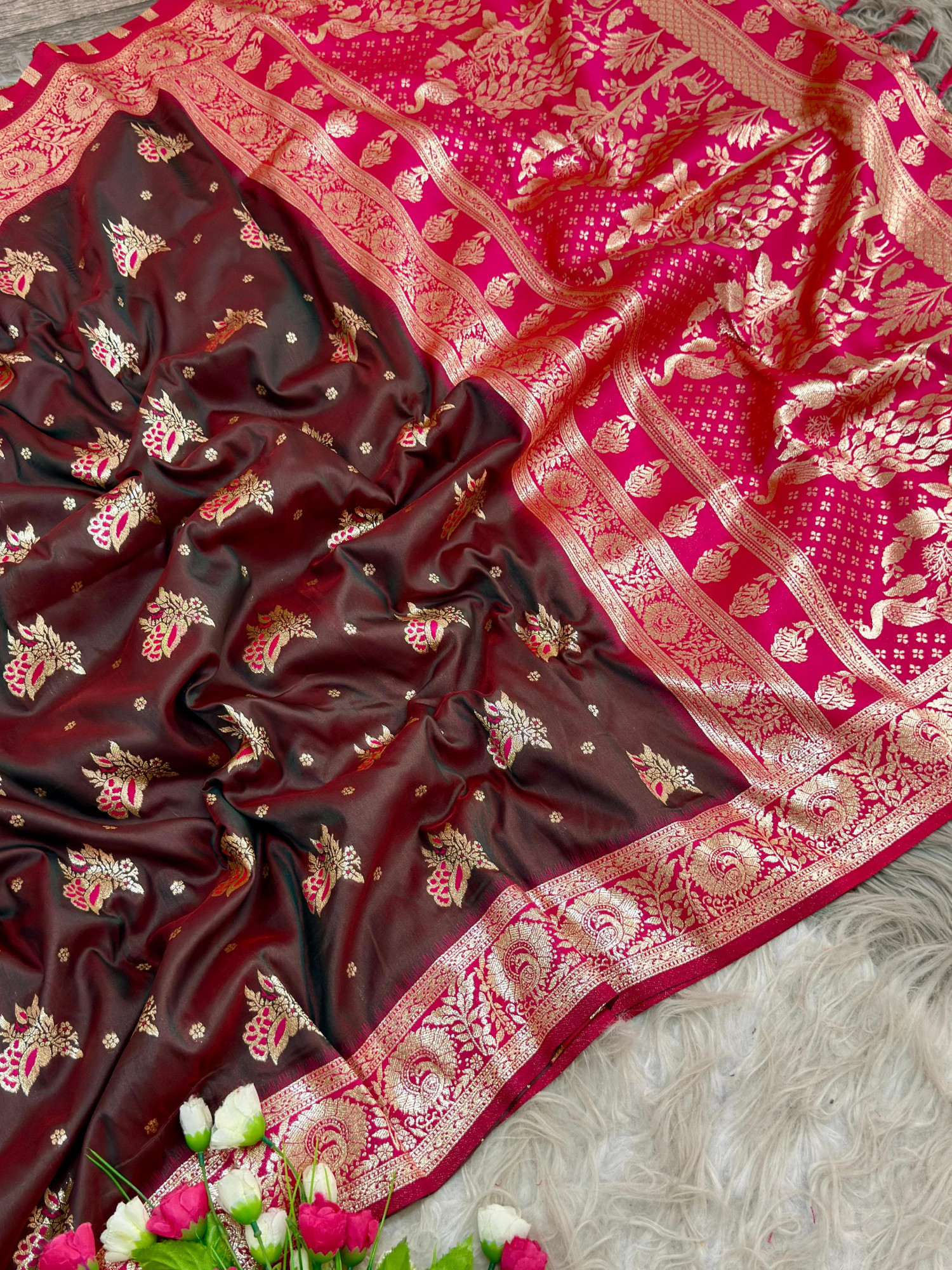 Wine Pure Banarasi Silk Rich Zari Weaved Floral Border Saree
