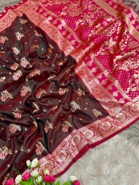 Image of Wine Pure Banarasi Silk Rich Zari Weaved Floral Border Saree