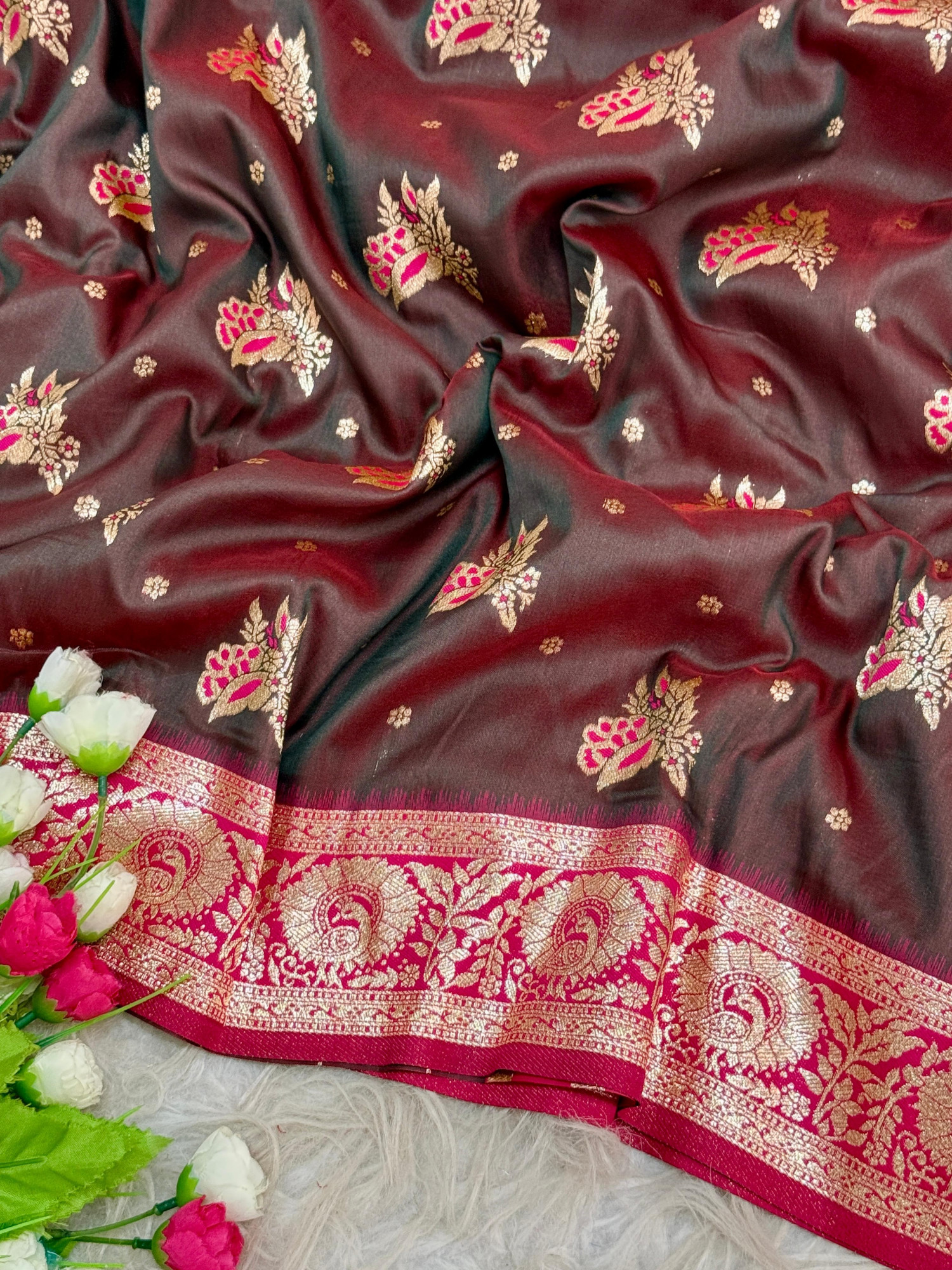 Wine Pure Banarasi Silk Rich Zari Weaved Floral Border Saree