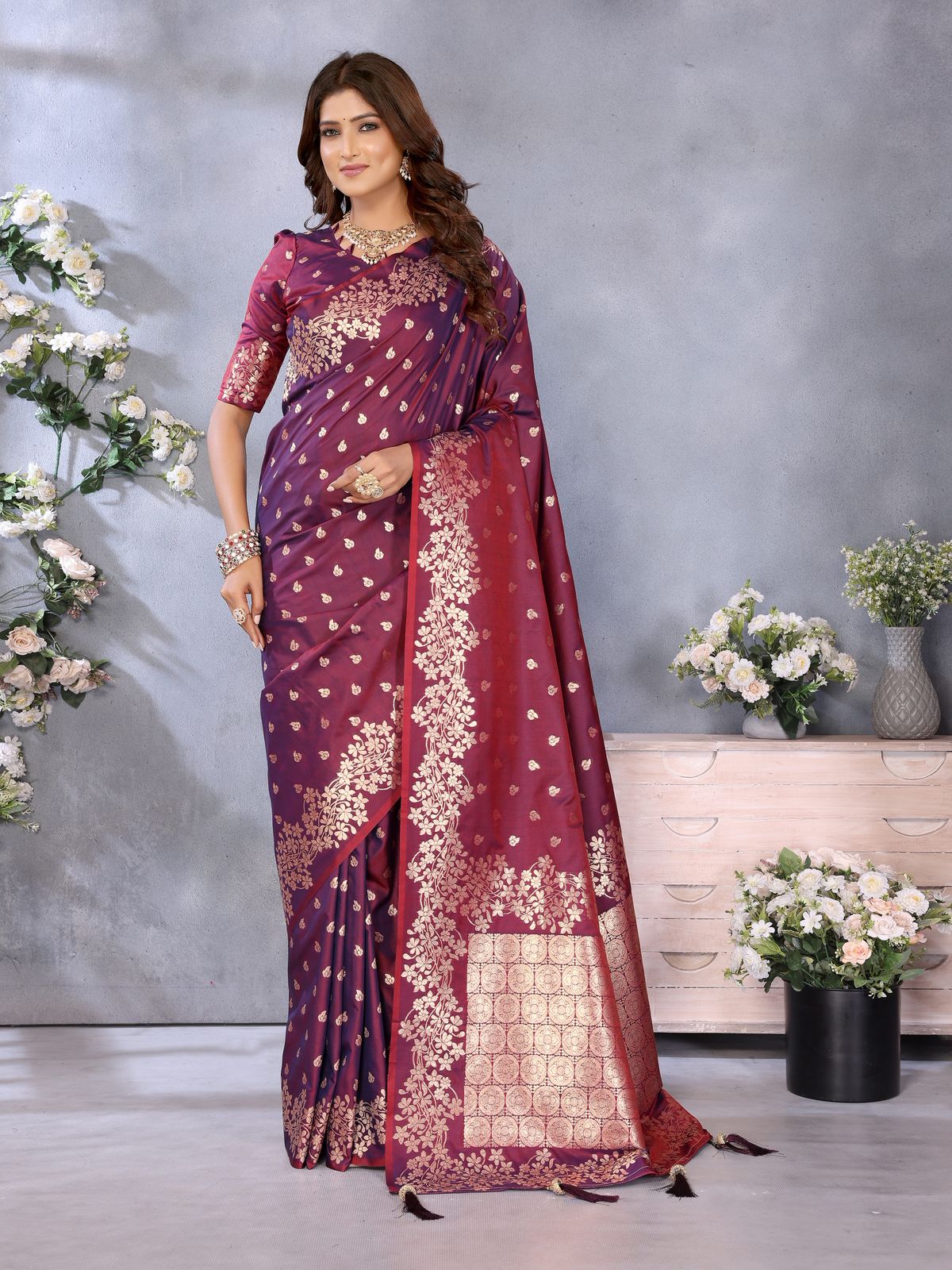 Dark Maroon Banarasi Silk Rich Zari Gala Weaved Saree