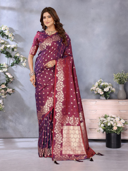 Image of Dark Maroon Banarasi Silk Rich Zari Gala Weaved Saree