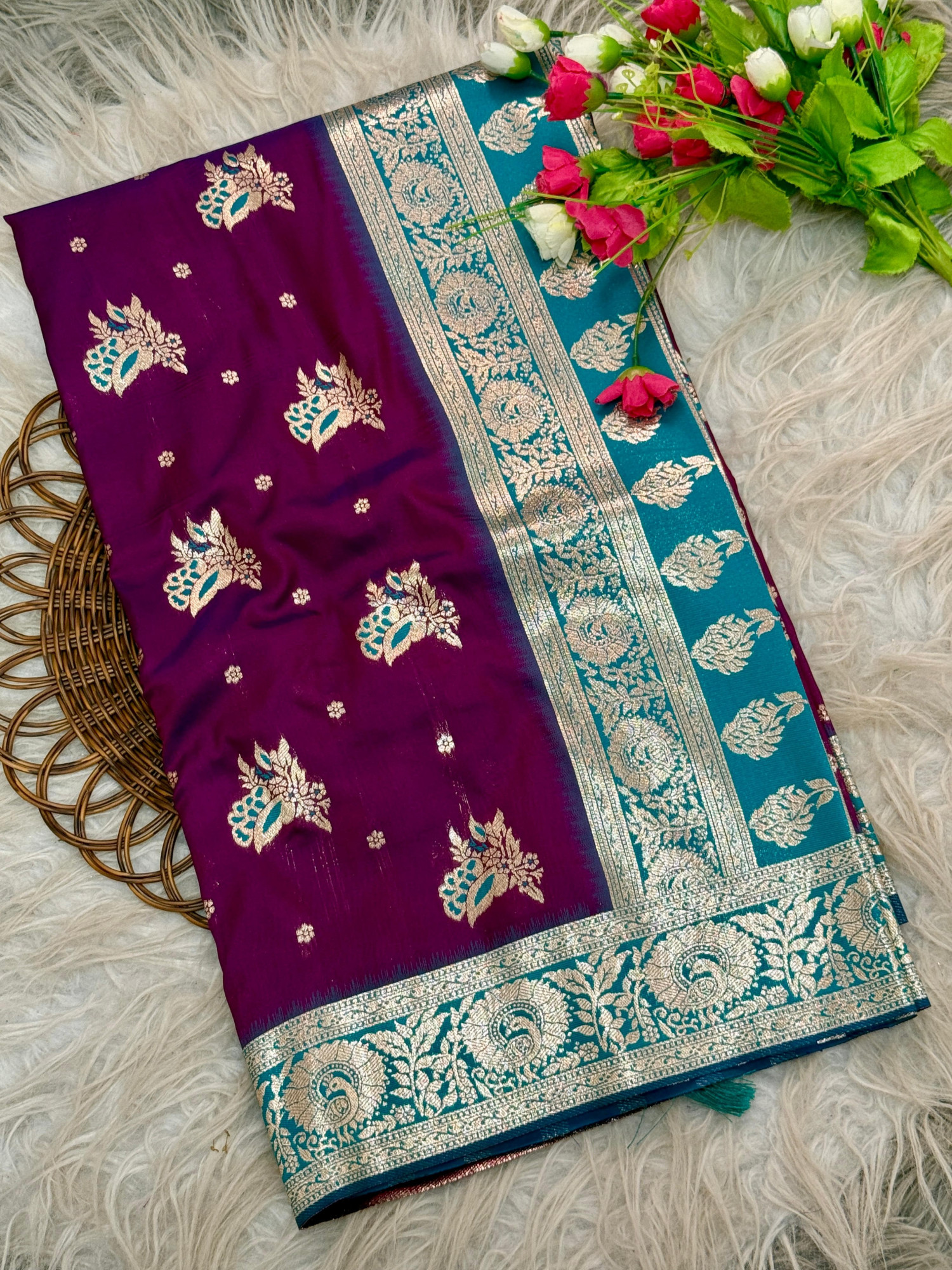 Purple Pure Banarasi Silk Rich Zari Weaved Floral Border Saree