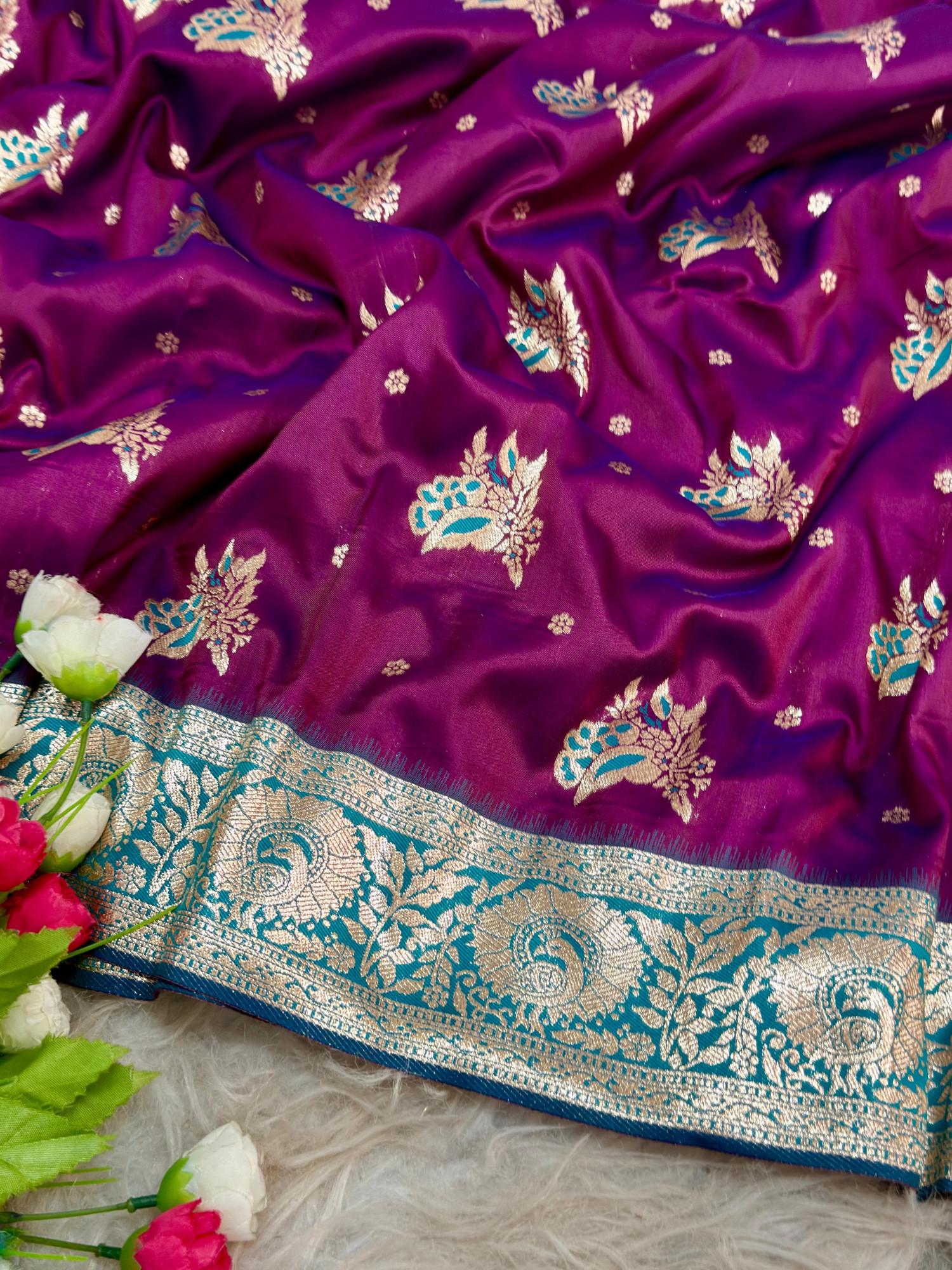 Purple Pure Banarasi Silk Rich Zari Weaved Floral Border Saree