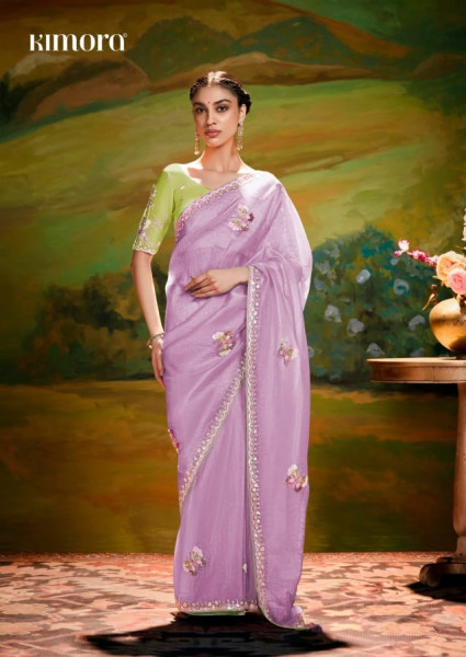 Image of Lavender Pure Tissue Organza Embroidered Sequence Worked Saree