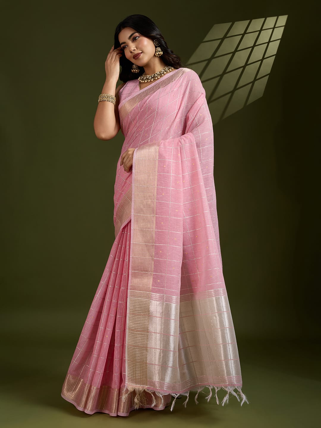 Pink Pure Linen Tissue Silk Check Weaved Body Rich Zari Weaved Pallu Border Saree