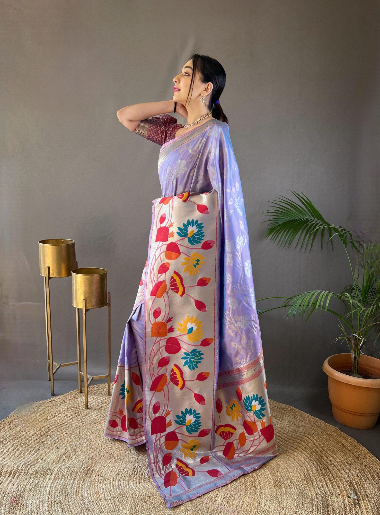 Lavender Banarasi Paithani Silk Rich Zari Meenakari Weaved Saree