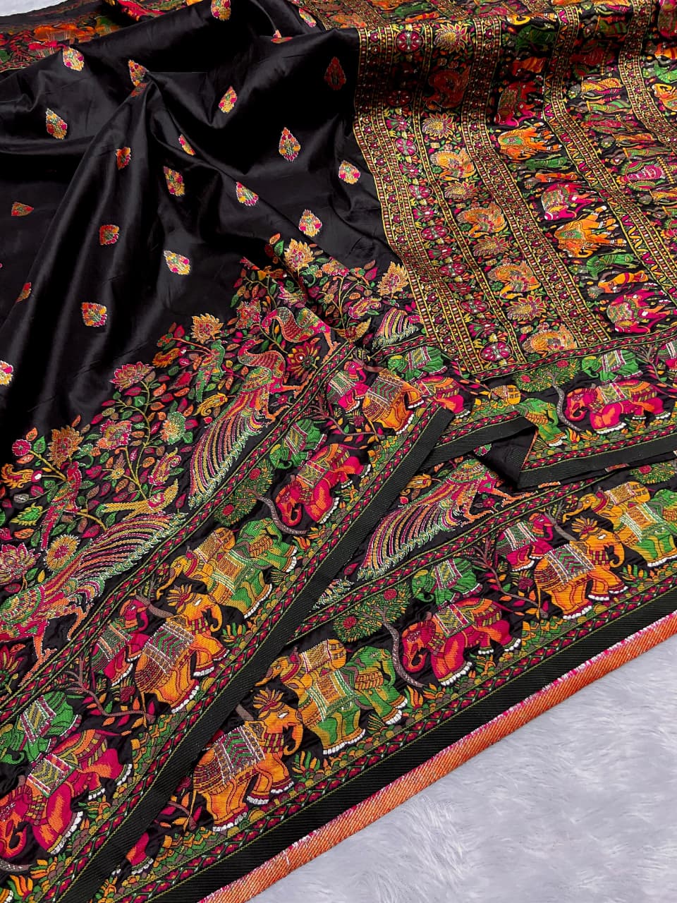 Black Pure Kashmiri Pashmina Silk Meena Weaved Saree