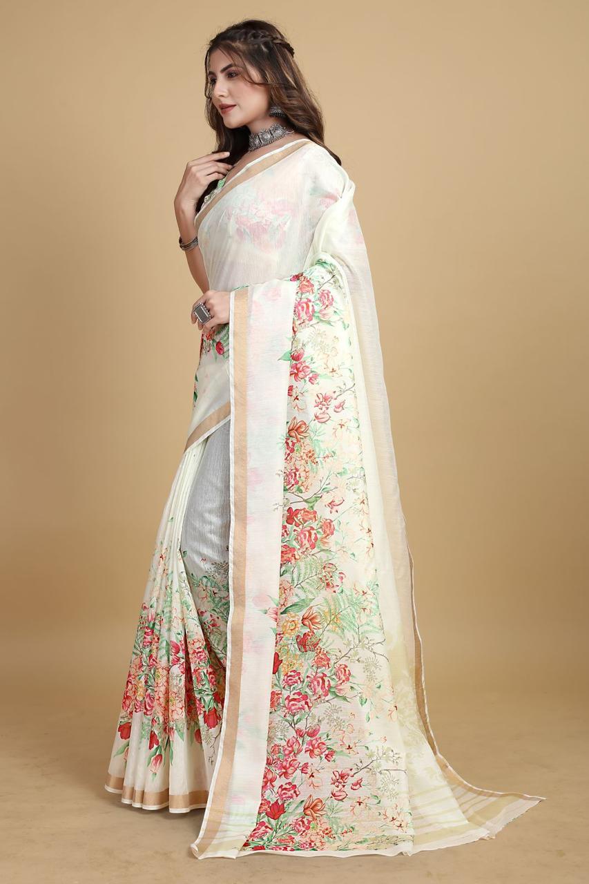 Pure Linen Digital Floral Printed With Tiny Zari Border Sarees
