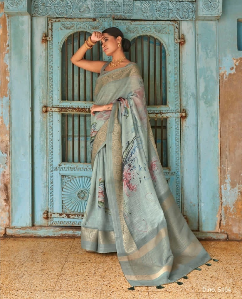 Linen Digital Printed Sarees With Zari Border And Rich Zari Pallu