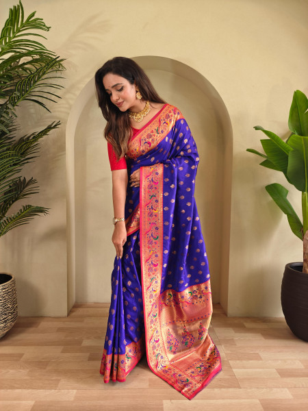 Image of Royal Blue Banarasi Paithani Silk Zari Meena Weaved Contrast Saree