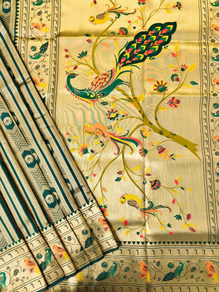 Image of Bottle Green Premium Soft Paithani Silk Rich Zari Meena Weaved Saree