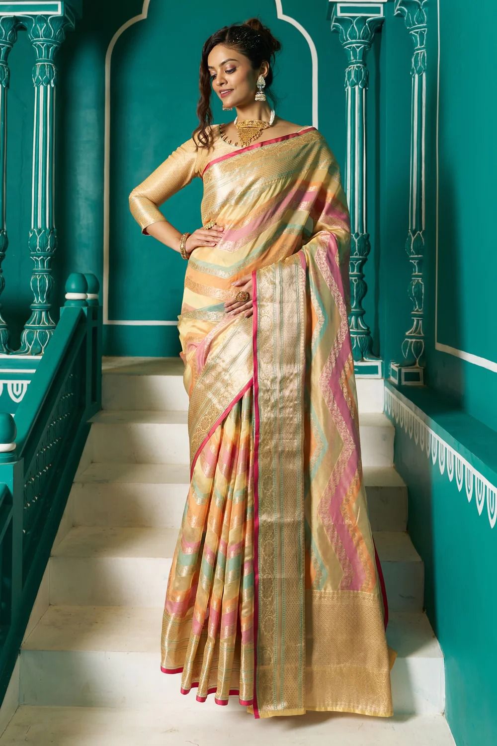 Pure Organza Silk Multi Color Lehariya Zari Weaved Pallu Saree