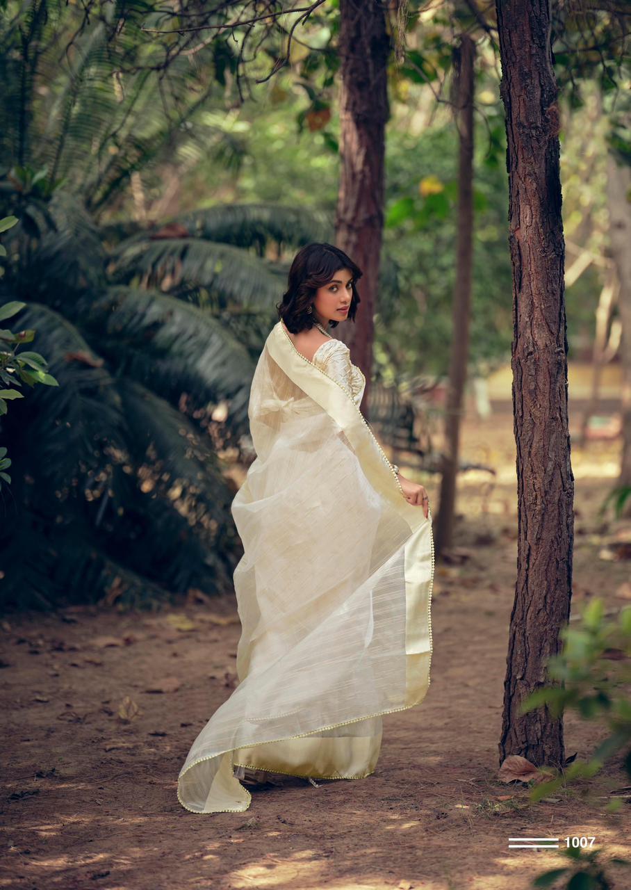 Pure Organza Silk All Over Zari Check Weaved With Satin Border Sarees