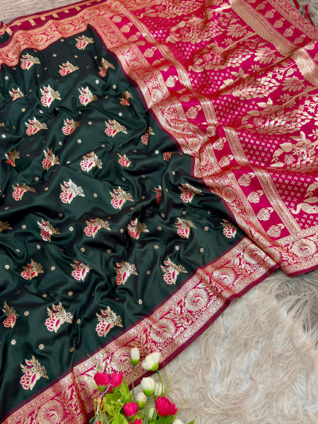 Image of Bottle Green Pure Banarasi Silk Rich Zari Weaved Floral Border Saree