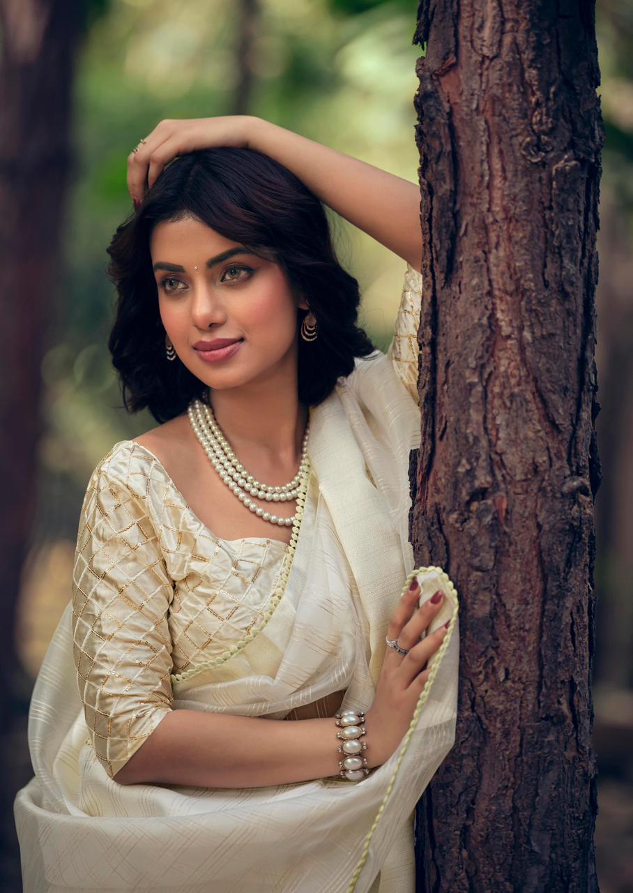 Pure Organza Silk All Over Zari Check Weaved With Satin Border Sarees