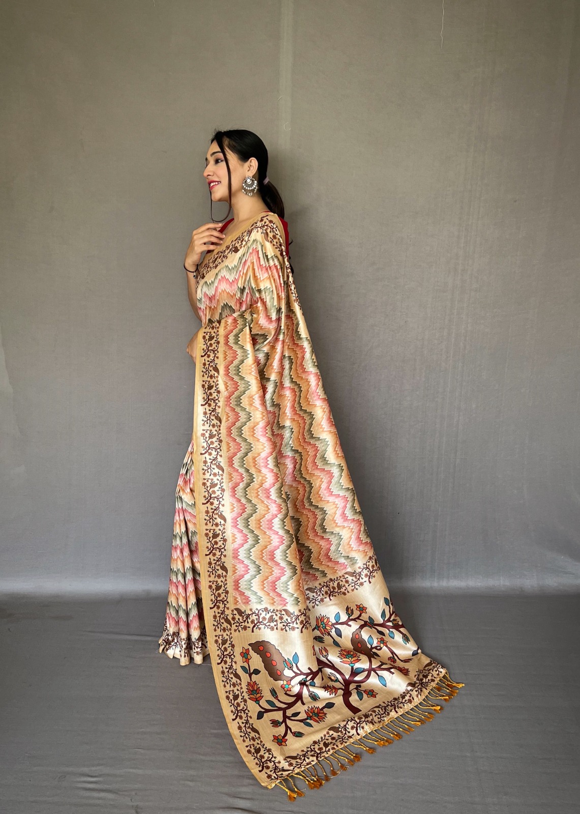 Soft Silk Paithani Style Printed All Over With Tassels On Pallu Sarees