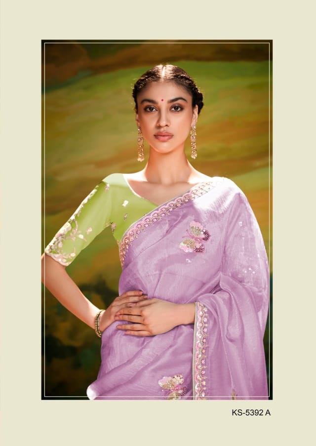 Lavender Pure Tissue Organza Embroidered Sequence Worked Saree