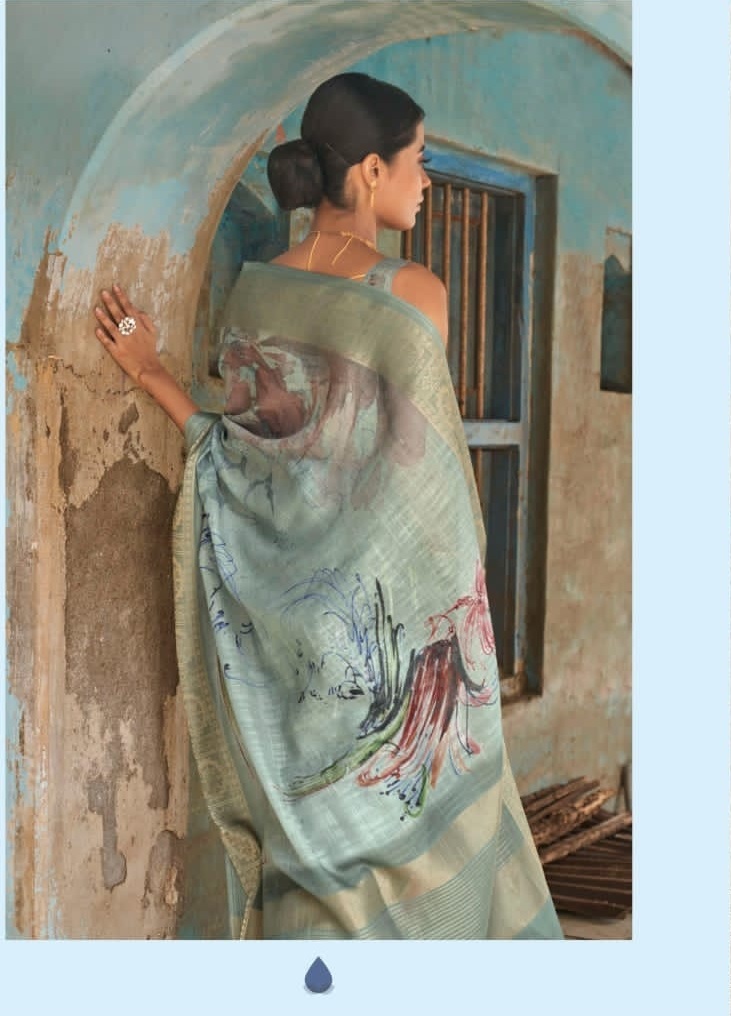 Linen Digital Printed Sarees With Zari Border And Rich Zari Pallu