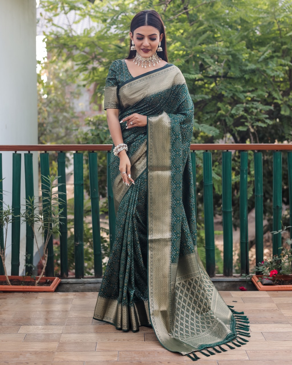 Dark Green Bandhej Patola Silk Rich Weaved Pallu Zari Border Saree