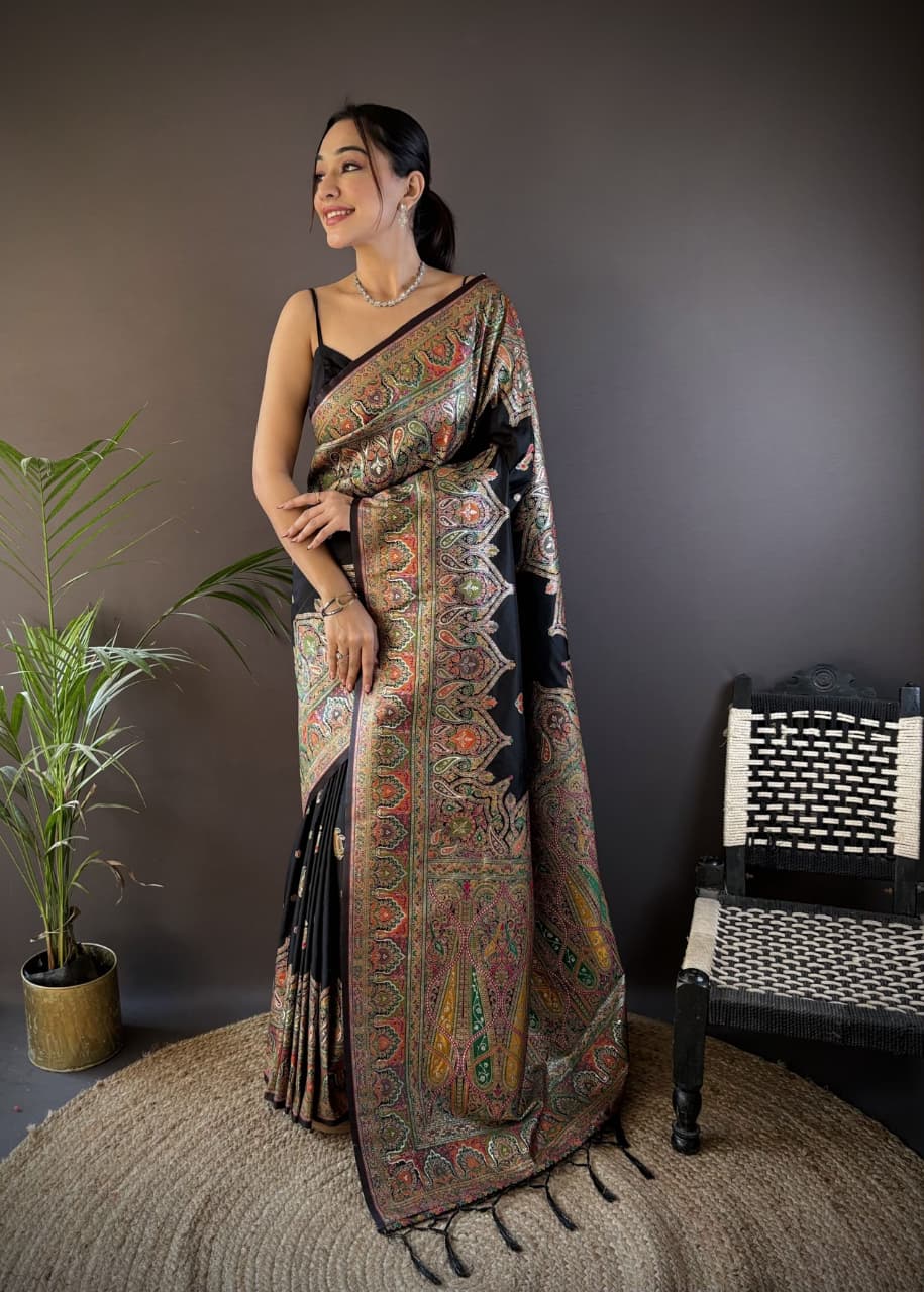Coal Black Pure Kashmiri Pashmina Silk Meena Weaved Saree