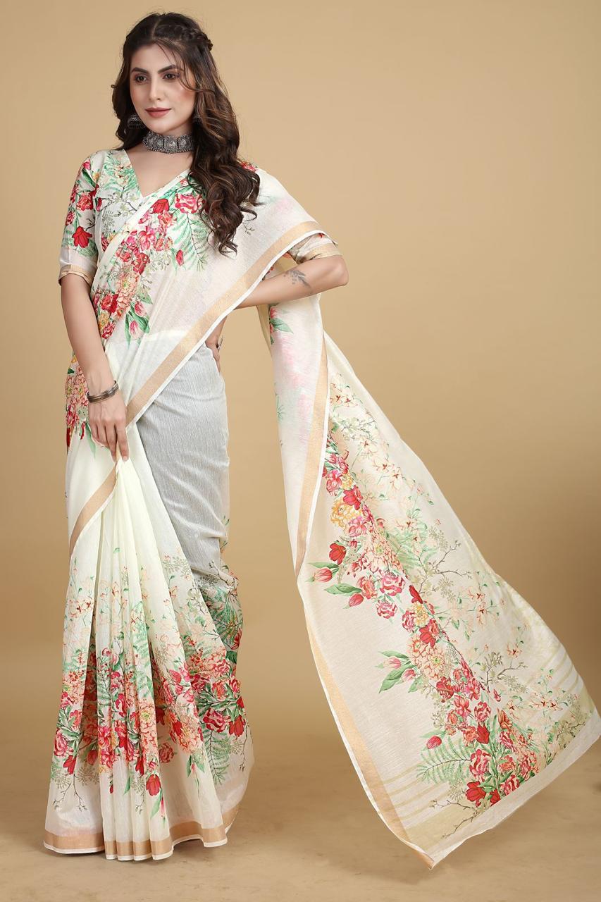 Pure Linen Digital Floral Printed With Tiny Zari Border Sarees