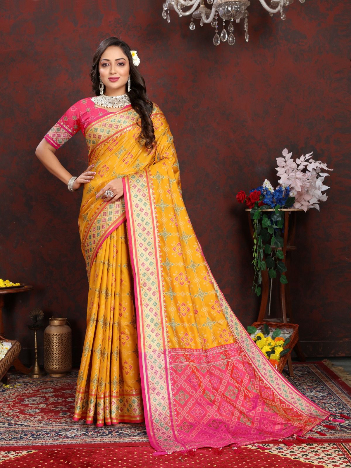 Yellow Soft Patola Silk Meenakari Weaved Saree