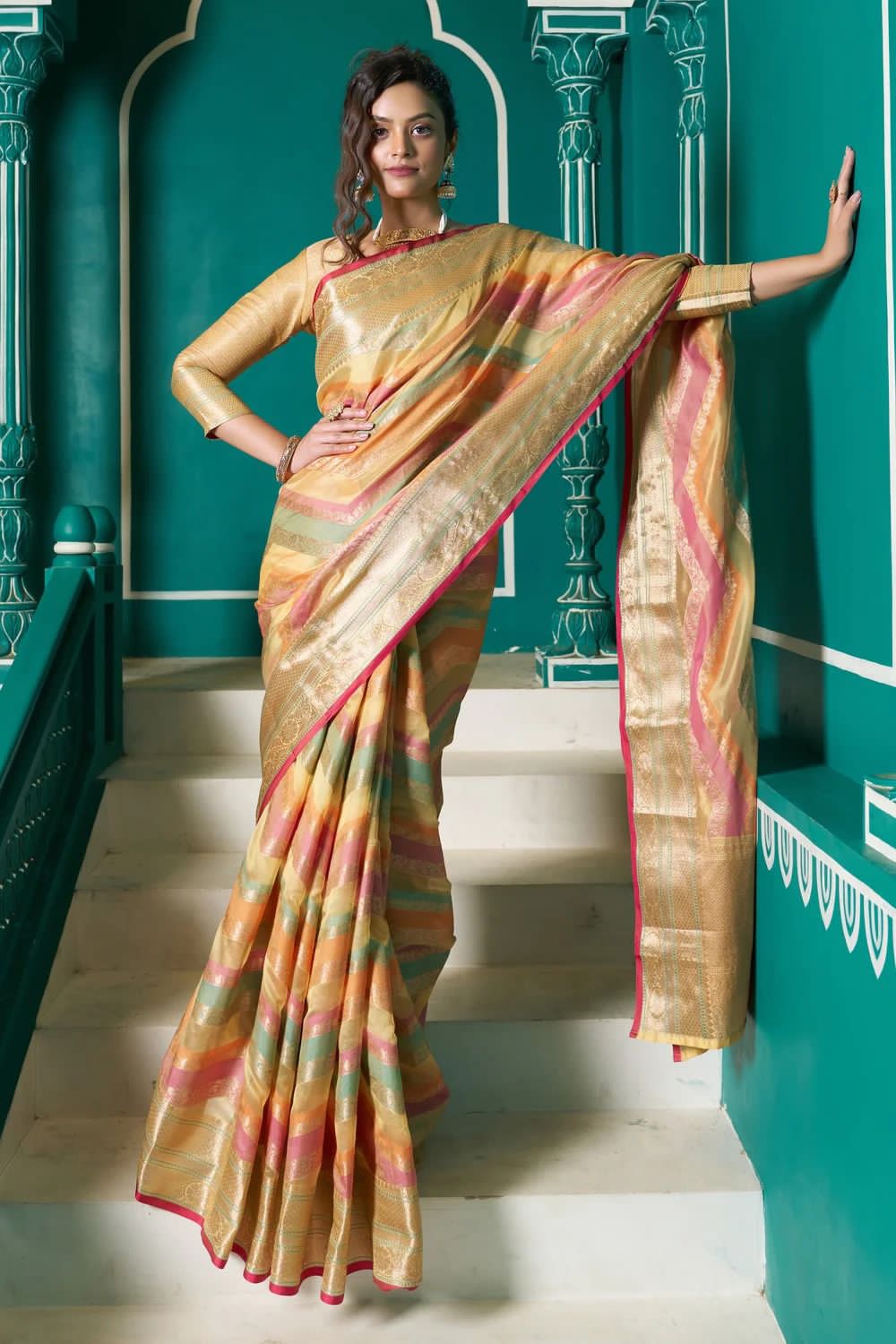 Pure Organza Silk Multi Color Lehariya Zari Weaved Pallu Saree