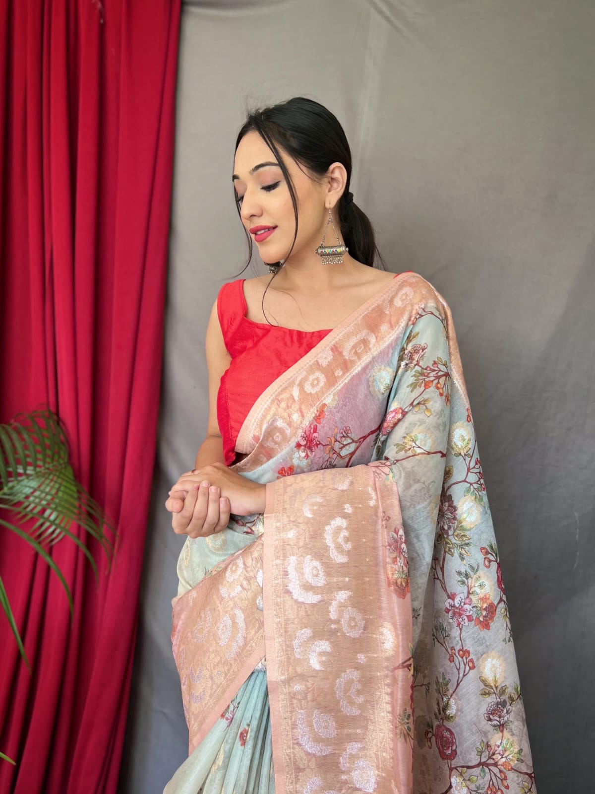 Pure Mushroom Silk Printed Silver Zari Weaved Saree