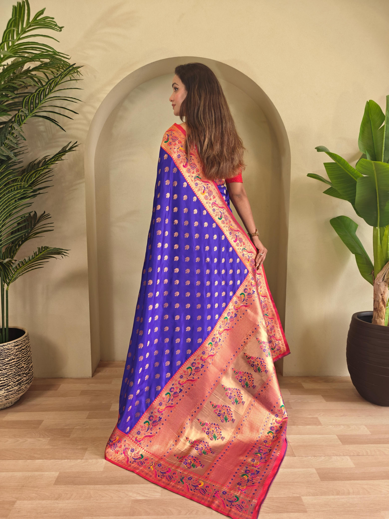 Royal Blue Banarasi Paithani Silk Zari Meena Weaved Contrast Saree