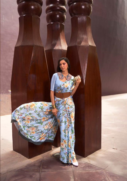 Image of Pure Satin Crepe Digital Printed All Over With Fancy Blouse Saree