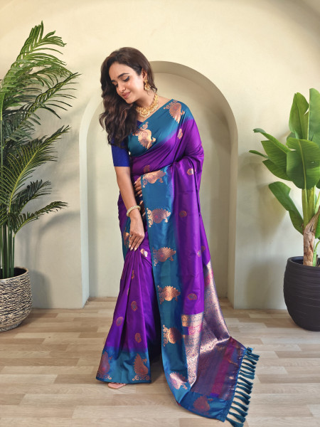 Image of Dark Purple Banarasi Silk All Over Zari Weaved Body Motifs Border Rich Pallu Saree