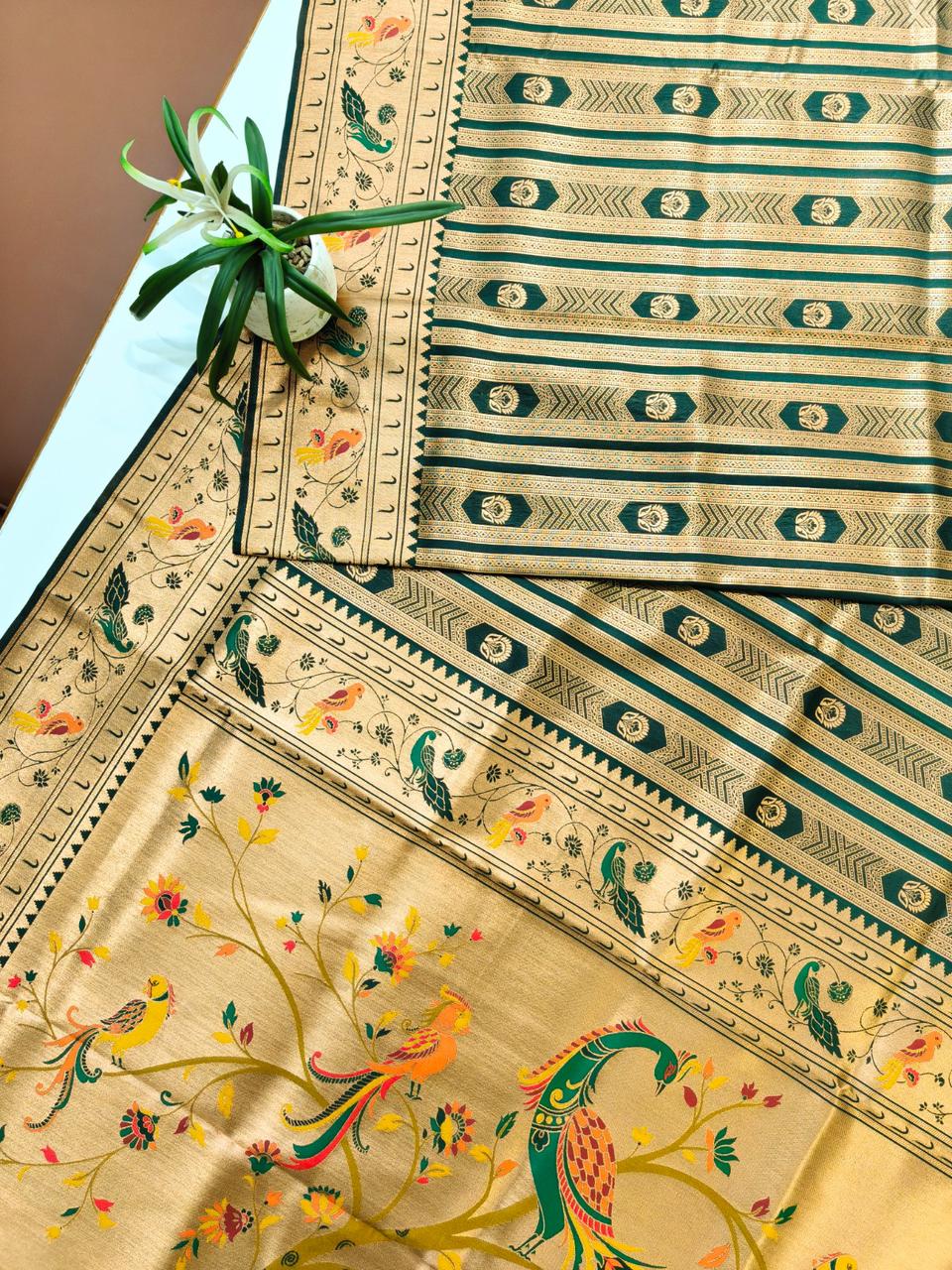 Bottle Green Premium Soft Paithani Silk Rich Zari Meena Weaved Saree