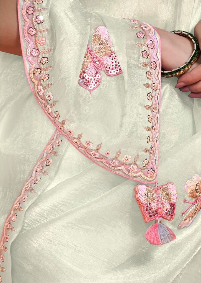 Off-White Pure Tissue Organza Embroidered Sequence Worked Saree