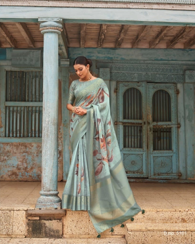 Linen Digital Printed Sarees With Zari Border And Rich Zari Pallu