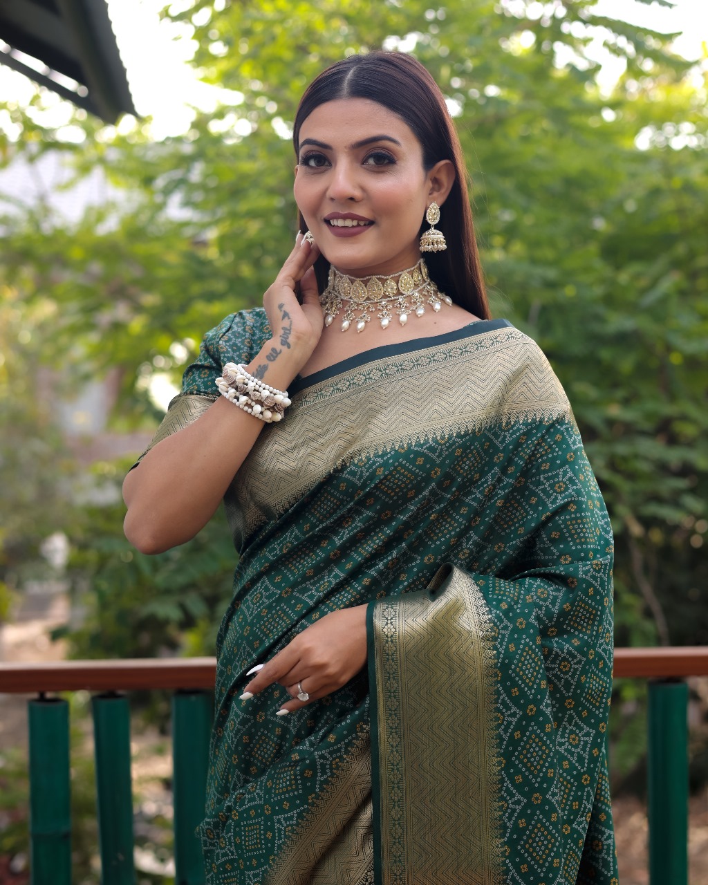 Dark Green Bandhej Patola Silk Rich Weaved Pallu Zari Border Saree