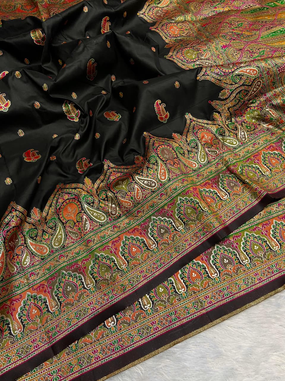 Coal Black Pure Kashmiri Pashmina Silk Meena Weaved Saree